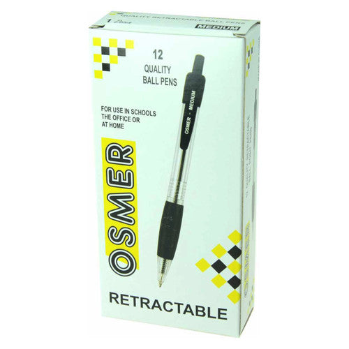 Osmer Retractable Ballpoint Pen Medium Black Box of 12