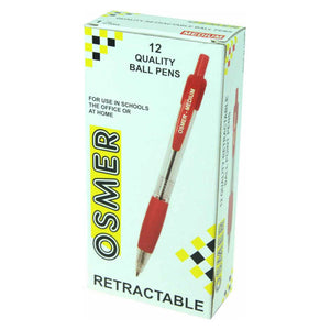 Osmer retractable ballpoint pens, medium, red, in the printed Osmer box of 12 with a red pen pictured on the front