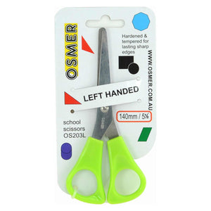 Osmer school scissors 140mm left handed with green handle, single pair on the printed retail hangsell card marked Left Handed and 140mm