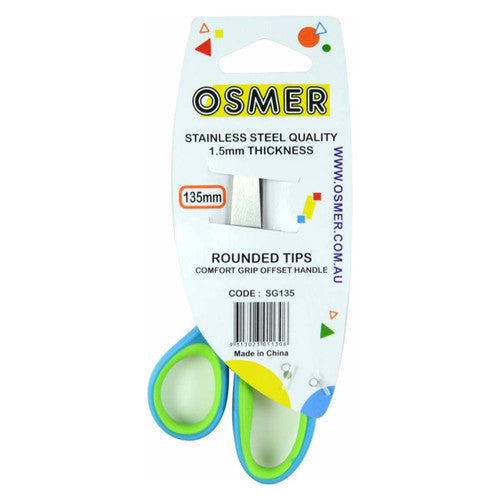 Osmer Soft Grip Scissors 135mm Green and Blue Offset Handle Hangsell Pack of 12