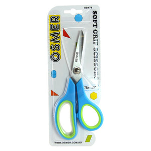 Osmer Soft Grip Scissors 178mm with green and blue offset handle on the Osmer Soft Grip Scissors hangsell card