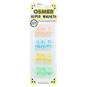 Osmer SM12 super magnets, 12 clear push-pin style magnets in pink, blue, yellow and green on the Osmer hangsell card
