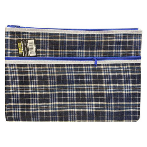 Osmer Tartan Pencil Case 37.5 x 26cm 2 Zip Reinforced Ends Blue Pack of 12