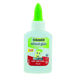 Osmer twist top school glue 40ml bottle with clear contents, lime green twist nozzle and printed front label