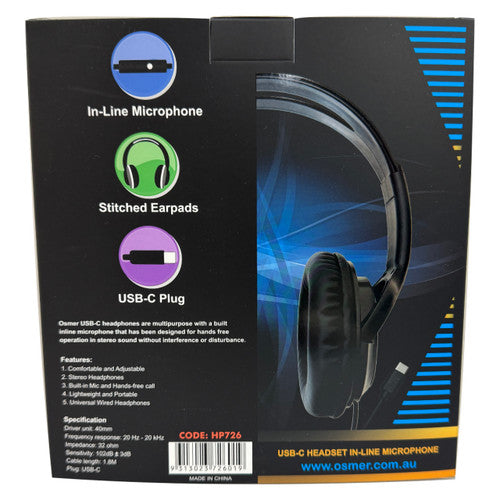 Osmer Headphone Over-Ear 40mm Driver with Mic USB-C Plug Black