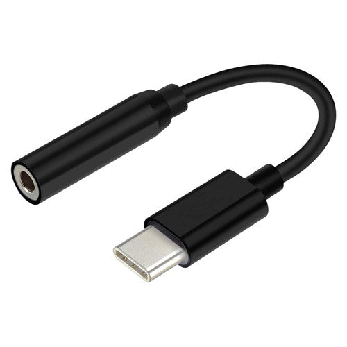 Osmer USB-C to 3.5mm audio adaptor in black, short 10cm cable with the USB-C plug in front and the 3.5mm socket behind