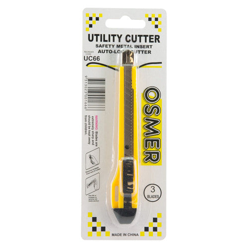 Osmer UC66 small auto lock utility cutter, yellow and grey narrow cutter with 3 blades, on its Osmer hangsell card