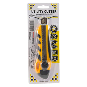 Osmer UC2001S wide blade utility cutter with metal insert and screw lock wheel, yellow and grey handle, on its hangsell card