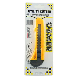 Osmer UC18 utility cutter with snap-off blade, yellow handle with black slider, on the Osmer utility cutter hangsell card