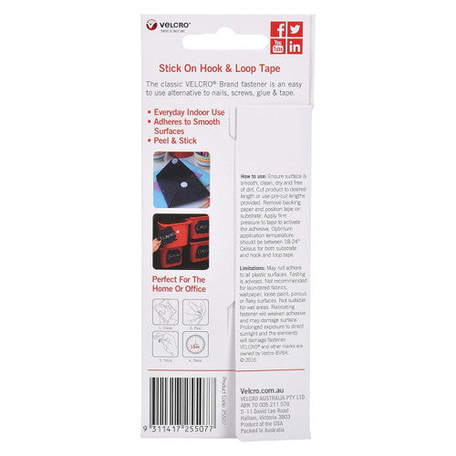 Osmer Velcro Brand Sticky Back Strip 20mm x 130mm Black