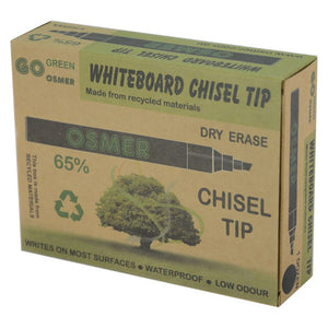 Osmer chisel tip whiteboard marker in a kraft-colour printed box marked Whiteboard Chisel Tip, Dry Erase and Chisel Tip (black)