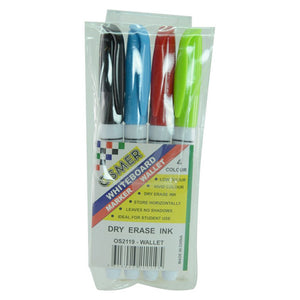 Osmer fine bullet tip whiteboard marker wallet of 4 in its clear pack, holding black, blue, red and green markers