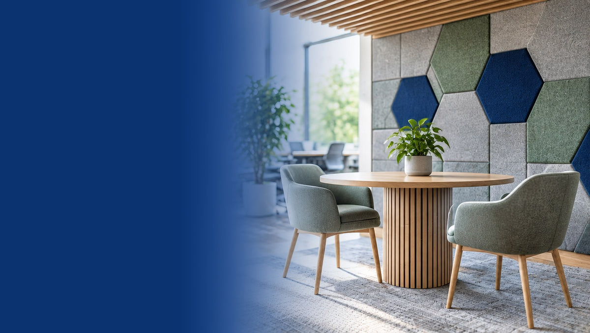 Panel Acoustics banner showing an office meeting nook with felt acoustic wall panels