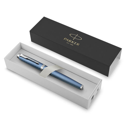 Parker IM Premium Fountain Pen Blue Grey Lacquer and Chrome Trim Fine Nib