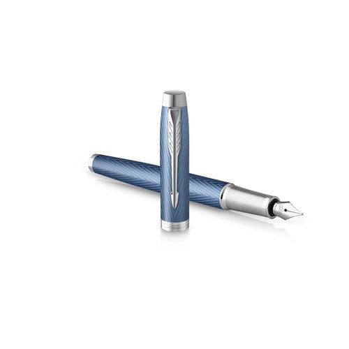 Parker IM Premium Fountain Pen Blue Grey Lacquer and Chrome Trim Fine Nib