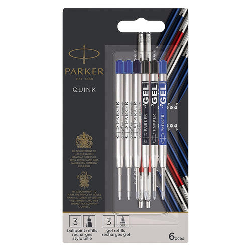 Parker Jotter Black Ballpoint and Blue Gel Refill Pack of 6