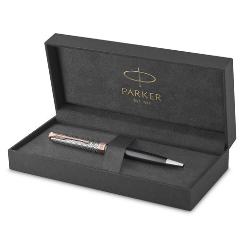 Parker Sonnet Premium Ballpoint Pen Metal Grey Lacquer and Rose Gold Trim Medium Tip