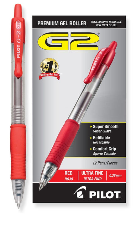 Pilot G-2 Retractable Gel Pen 0.38mm Red Box of 12