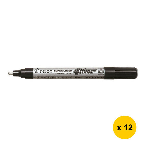 Pilot Super Colour Permanent Metallic Marker Bullet Medium Silver Box of 12