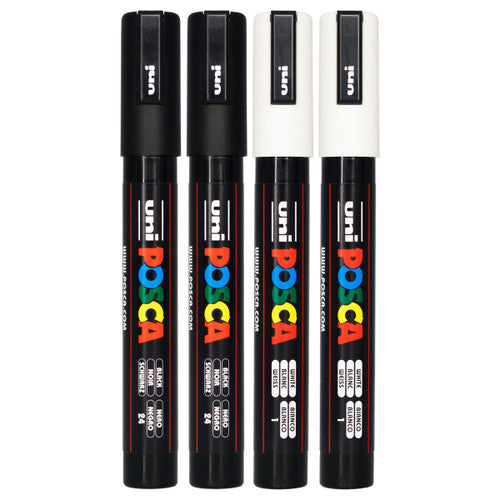Posca PC-5M Paint Marker Pen Bullet Medium Black and White Wallet of 4