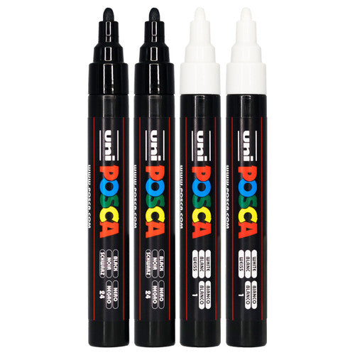 Posca PC-5M Paint Marker Pen Bullet Medium Black and White Wallet of 4