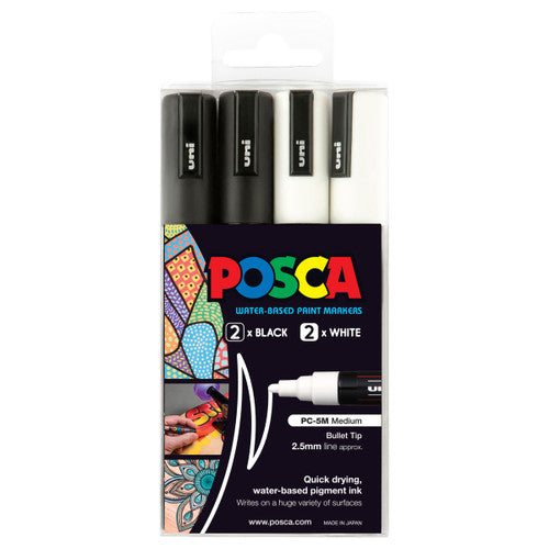 Posca PC-5M Paint Marker Pen Bullet Medium Black and White Wallet of 4