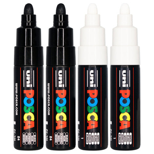 Posca PC-7M Paint Marker Pen Bullet Bold Black and White Wallet of 4