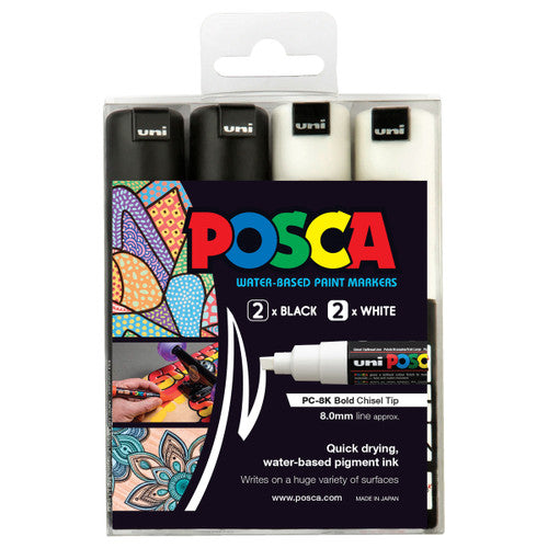 Posca PC-8K Paint Marker Pen Chisel Bold Black and White Wallet of 4