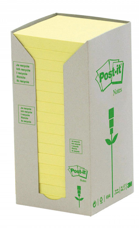 Post-it Recycled Notes Canary Yellow 76 x 76mm Pack of 16 654-RTY