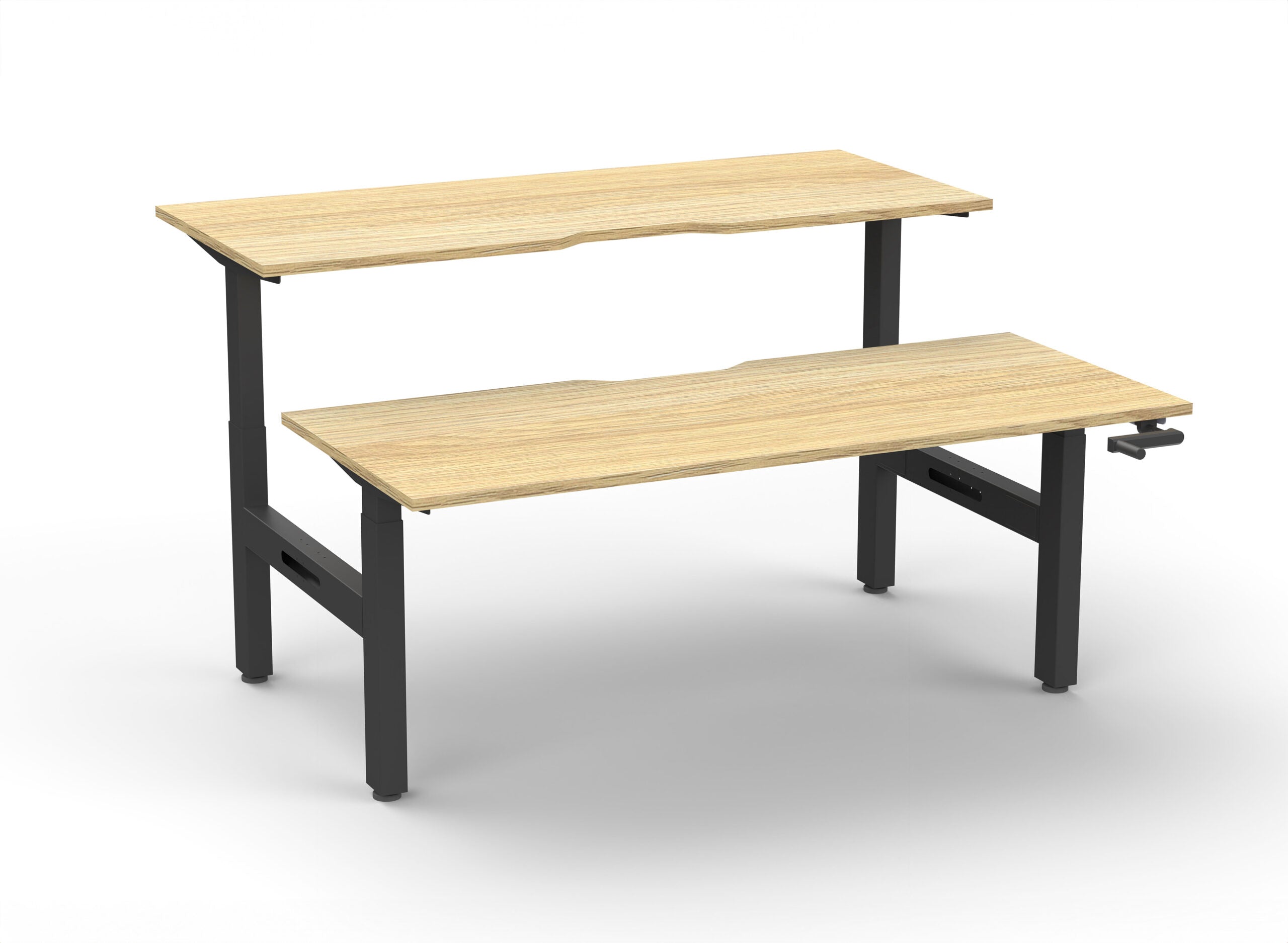 Rapidline Boost Crank manual height adjustable back to back workstation, E0 rated Natural Oak top on a black satin powdercoated frame. Supplied product image for model BC2P1575 NO/BL. View 1.