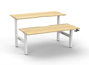 Rapidline Boost Crank manual height adjustable back to back workstation, E0 rated Natural Oak top on a white satin powdercoated frame. Supplied product image for model BC2P1575 NO/WS. View 1.