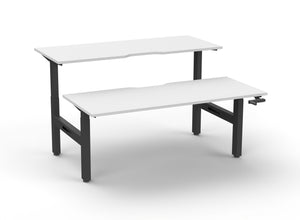 Rapidline Boost Crank manual height adjustable back to back workstation, E0 rated Natural White top on a black satin powdercoated frame. Supplied product image for model BC2P1575 NW/BL. View 1.