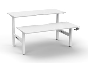 Rapidline Boost Crank manual height adjustable back to back workstation, E0 rated Natural White top on a white satin powdercoated frame. Supplied product image for model BC2P1575 NW/WS. View 1.