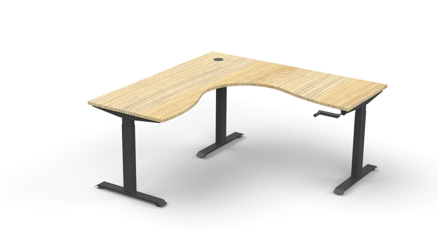 Rapidline Boost Crank manual height adjustable corner workstation, E0 rated Natural Oak top on a black satin powdercoated frame. Supplied product image for model BCCNR1P1818 NO/BL. View 1.