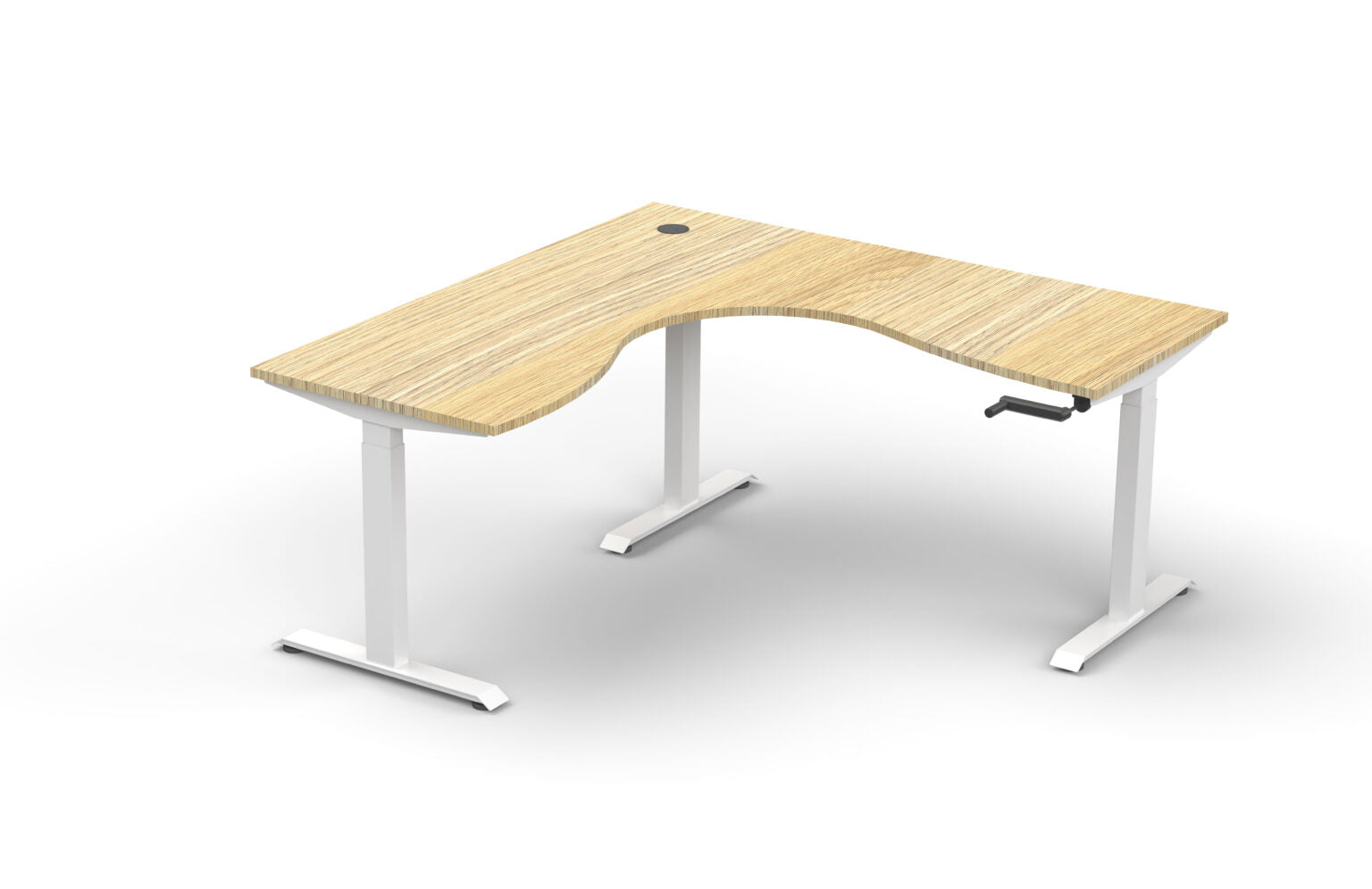 Rapidline Boost Crank manual height adjustable corner workstation, E0 rated Natural Oak top on a white satin powdercoated frame. Supplied product image for model BCCNR1P1818 NO/WS. View 1.