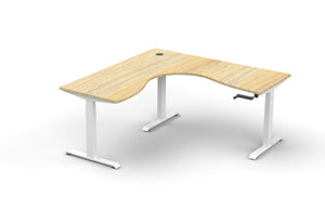 Rapidline Boost Crank manual height adjustable corner workstation, E0 rated Natural Oak top on a white satin powdercoated frame. Supplied product image for model BCCNR1P1818 NO/WS. View 1.