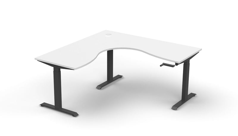 Rapidline Boost Crank manual height adjustable corner workstation, E0 rated Natural White top on a black satin powdercoated frame. Supplied product image for model BCCNR1P1818 NW/BL. View 1.