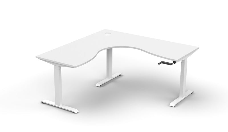 Rapidline Boost Crank manual height adjustable corner workstation, E0 rated Natural White top on a white satin powdercoated frame. Supplied product image for model BCCNR1P1818 NW/WS. View 1.