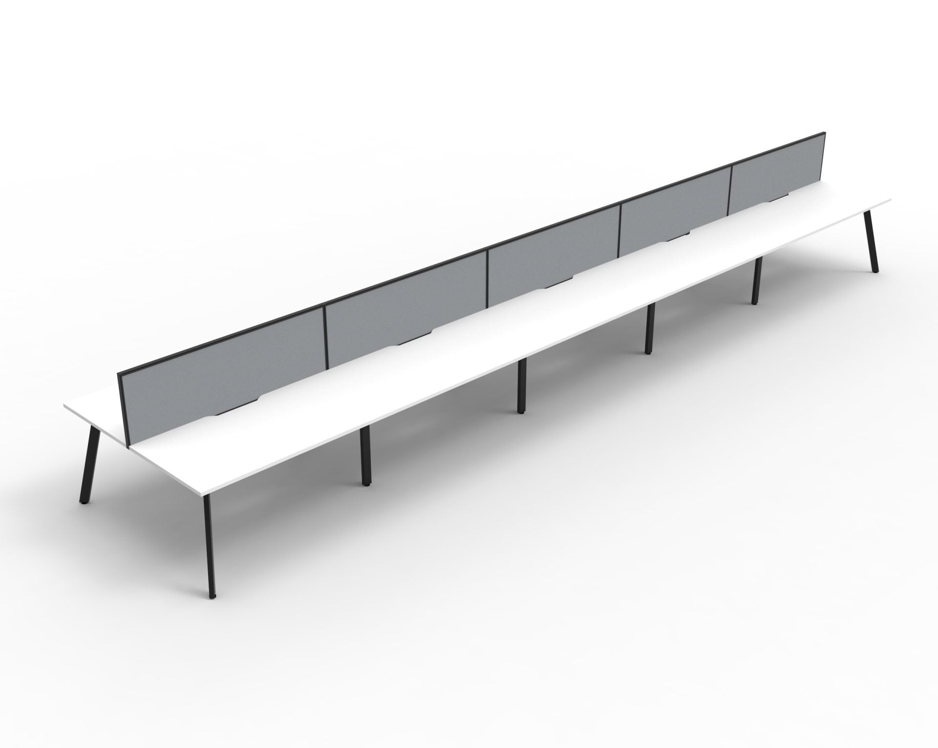 Rapidline Eternity back to back bench workstation with screens for ten people in Natural White and Black Satin. Rapidline range image supplied for model D-ELD4P1575 NW/BL. View 4.