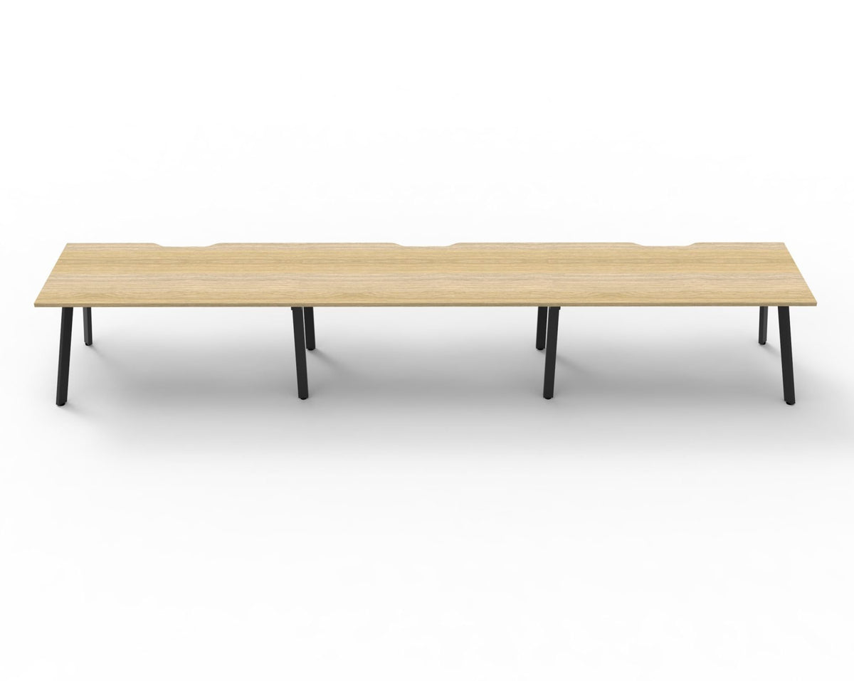 Rapidline Eternity single sided bench workstation for three people in Natural Oak and Black Satin. Rapidline range image supplied for model D-ELSWS1P1275 NO/BL. View 4.