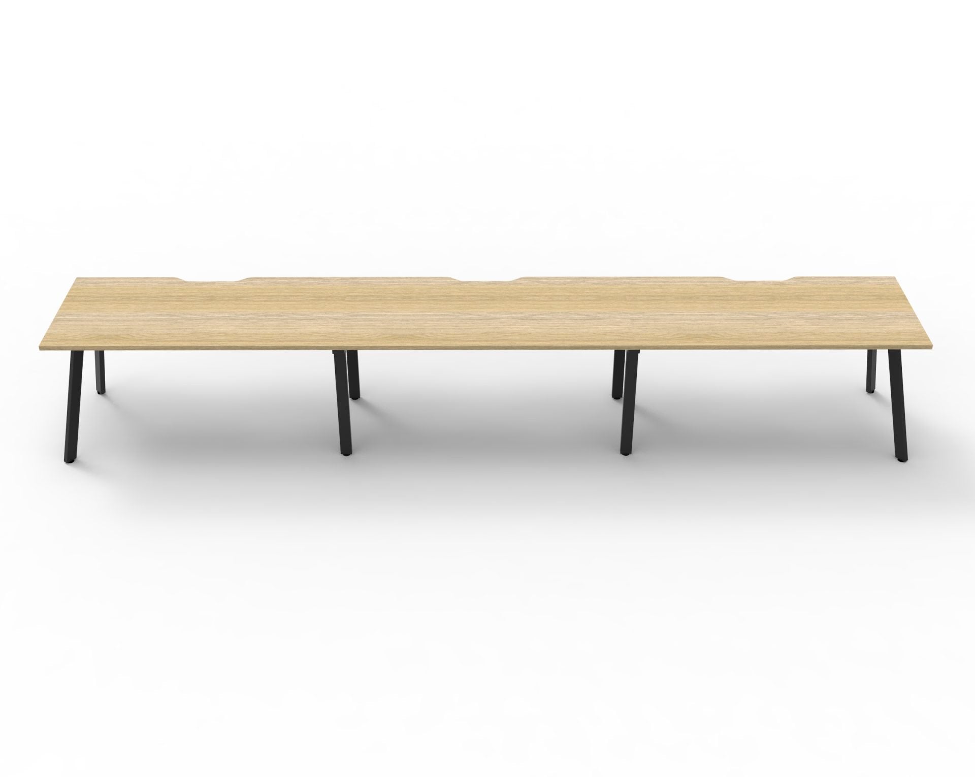 Rapidline Eternity single sided bench workstation for three people in Natural Oak and Black Satin. Rapidline range image supplied for model D-ELS2P1275 NO/BL. View 4.
