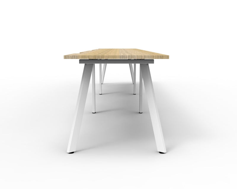 Rapidline Eternity single sided bench workstation for three people in Natural Oak and White Satin. Rapidline range image supplied for model D-ELS2P1575 NO/WS. View 3.