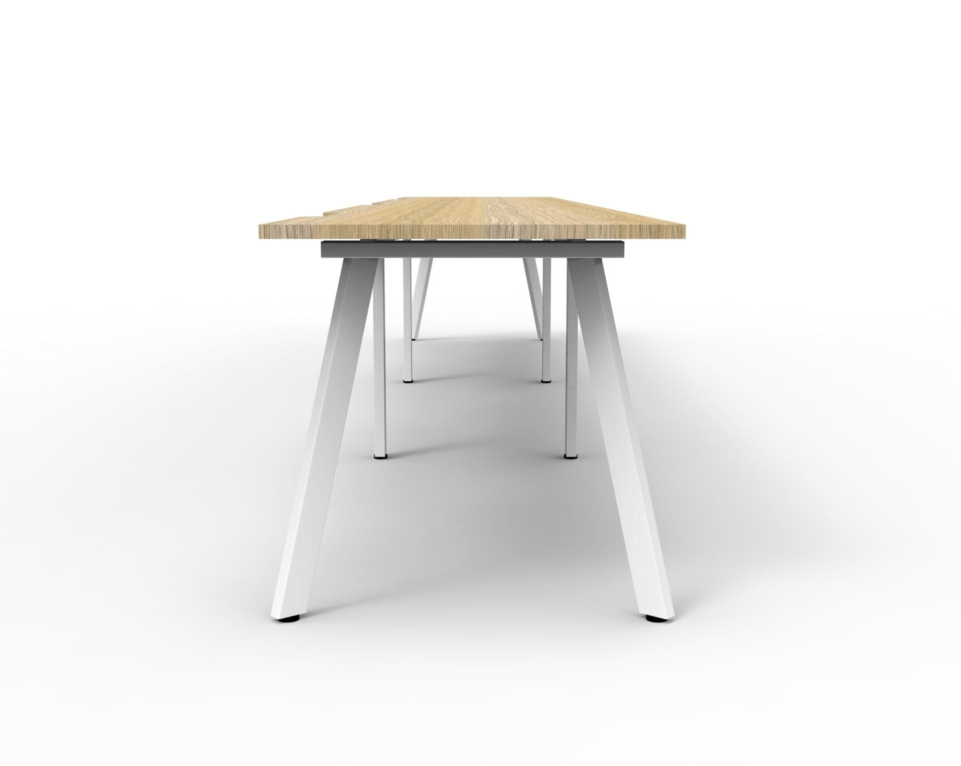 Rapidline Eternity single sided bench workstation for three people in Natural Oak and White Satin. Rapidline range image supplied for model D-ELSWS4P1275 NO/WS. View 3.