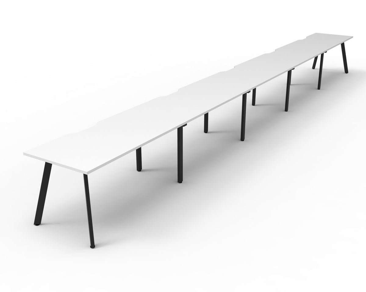 Rapidline Eternity single sided bench workstation for five people in Natural White and Black Satin. Rapidline range image supplied for model D-ELSWS4P1875 NW/BL. View 2.