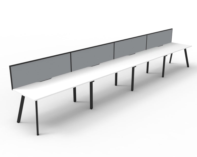 Rapidline Eternity single sided bench workstation with screens for four people in Natural White and Black Satin. Rapidline range image supplied for model D-ELS5P1575 NW/BL. View 4.