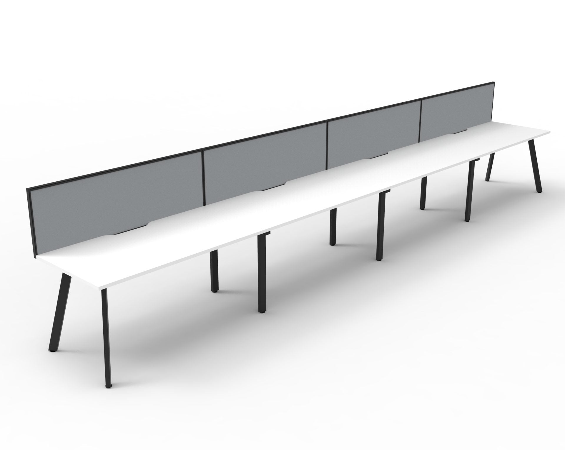 Rapidline Eternity single sided bench workstation with screens for four people in Natural White and Black Satin. Rapidline range image supplied for model D-ELSWS4P1875 NW/BL. View 4.