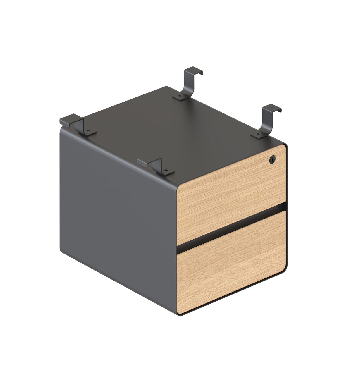 Rapidline Deluxe Infinity two drawer hanging pedestal in a black powdercoat carcass with natural oak drawer fronts. Supplied product image for model D-HP2D NO/BL. View 1.
