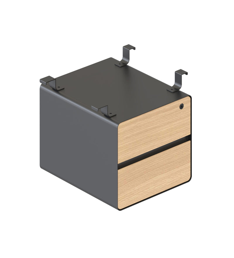 Rapidline Deluxe Infinity two drawer hanging pedestal in a black powdercoat carcass with natural oak drawer fronts. Supplied product image for model D-HP2D NO/BL. View 1.