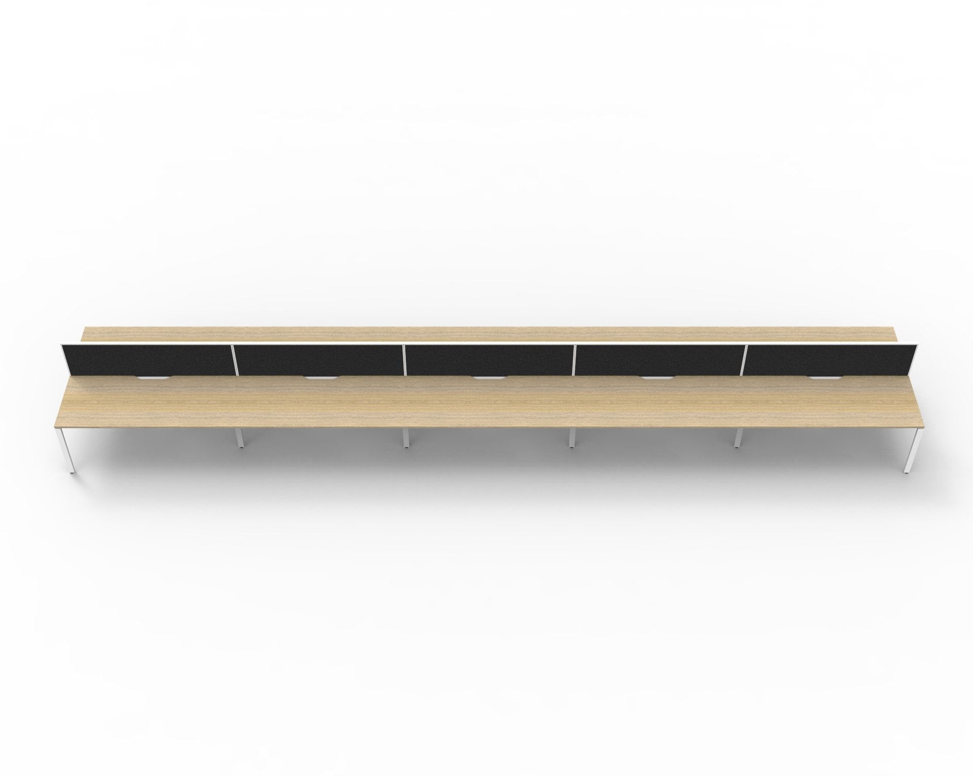 Rapidline Deluxe Infinity back to back bench workstation with screens for ten people in Natural Oak and White Satin. Rapidline range image supplied for model D-IPLD10P1875 NO/WS. View 2.