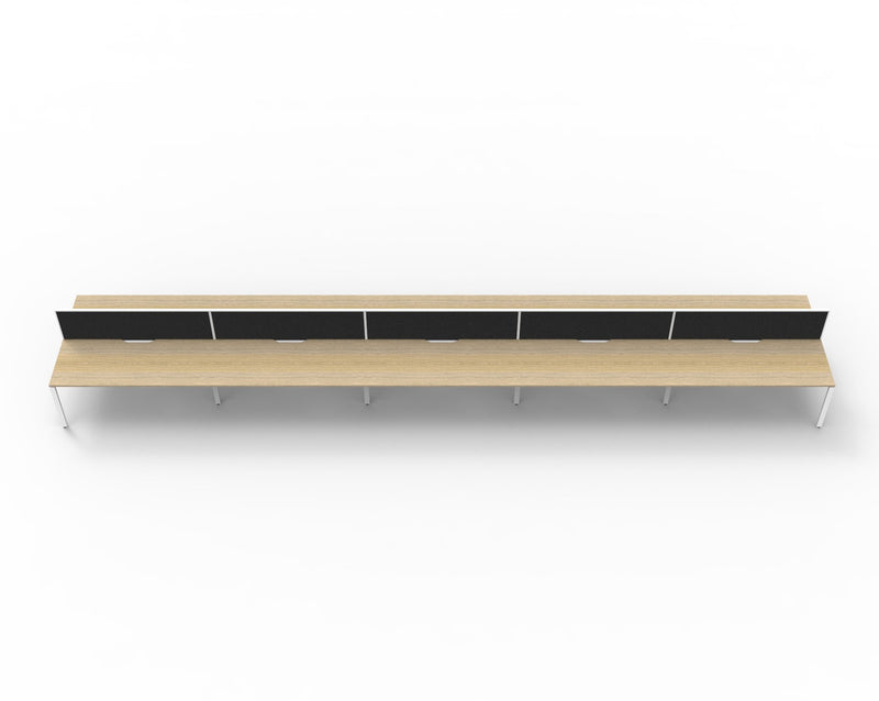Rapidline Deluxe Infinity back to back bench workstation with screens for ten people in Natural Oak and White Satin. Rapidline range image supplied for model D-IPLD10P1875 NO/WS. View 2.